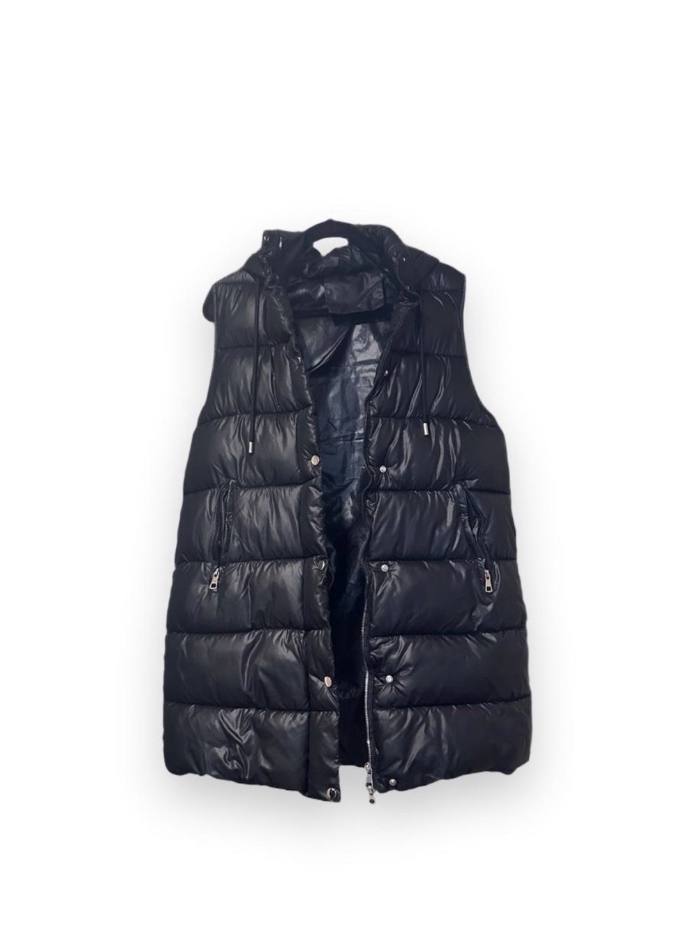 SHEIN Women’s Large Black Longline Hooded Puffer Vest Zip Up